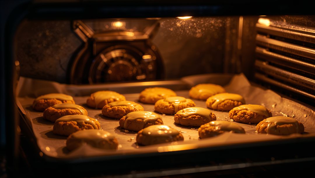Golden Glazed Cookies Baking in Oven on Parchment-Lined Tray with Warm Light