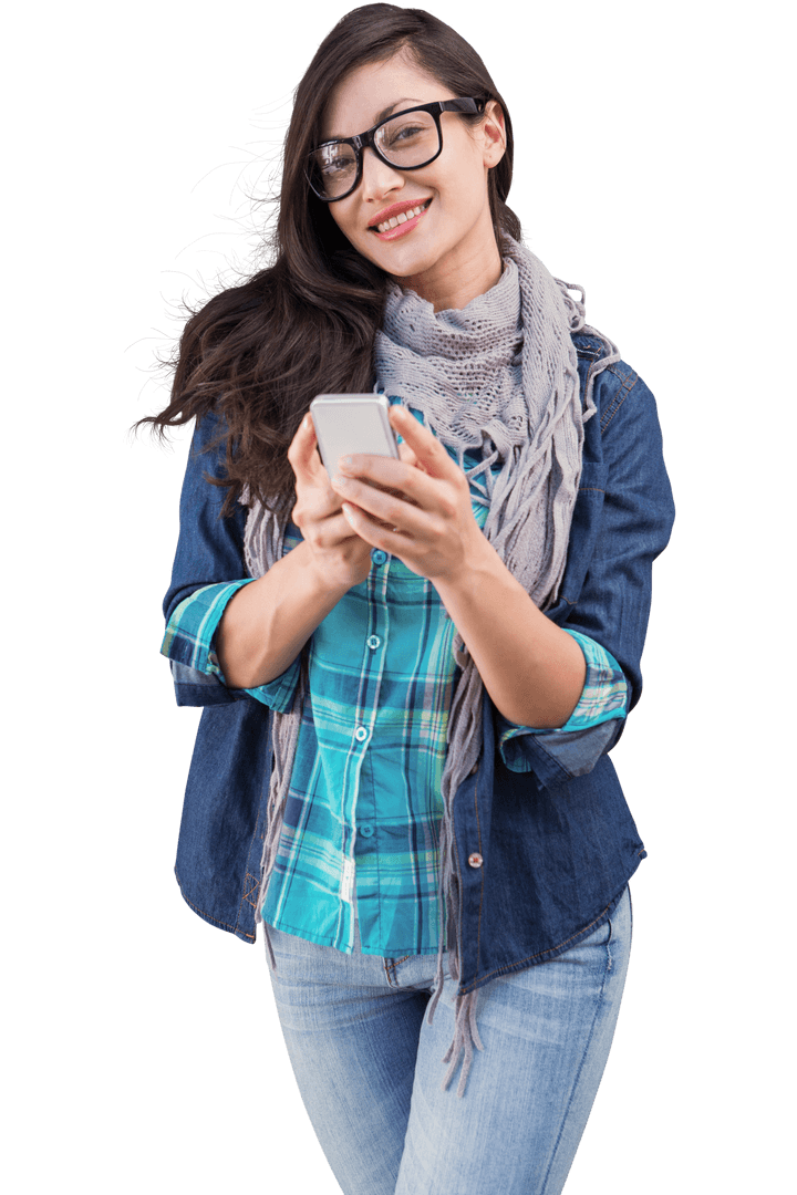 Happy Woman Using Smartphone on Transparent Background