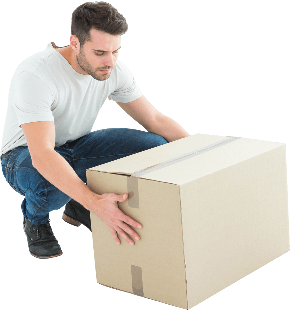 Man crouching with large cardboard box on transparent background