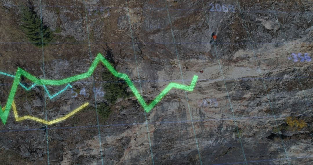 Climber Following Neon Overlay on Cliff Path