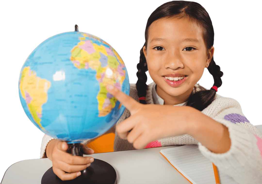 Smiling Asian Schoolgirl Pointing at Globe on Transparent Background