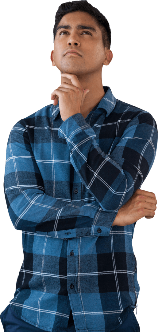 Thoughtful Young Man in Plaid Shirt in Transparent Background