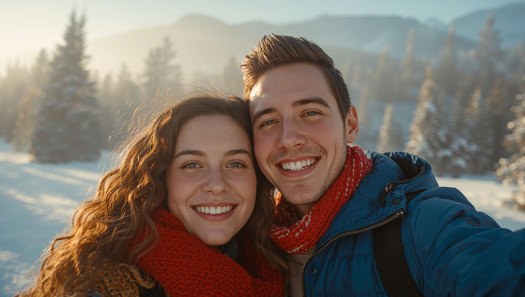 Couple Embracing Winter Adventure in Snowy Forest