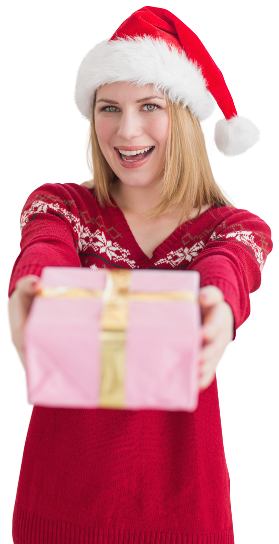 Smiling Woman in Santa Hat Giving Gift on Transparent Background - Download Free Stock Images Pikwizard.com