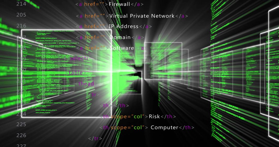 Futuristic Cybersecurity Tunnel Showing Neon Green Code, HTML Tags, Network Risk Concept