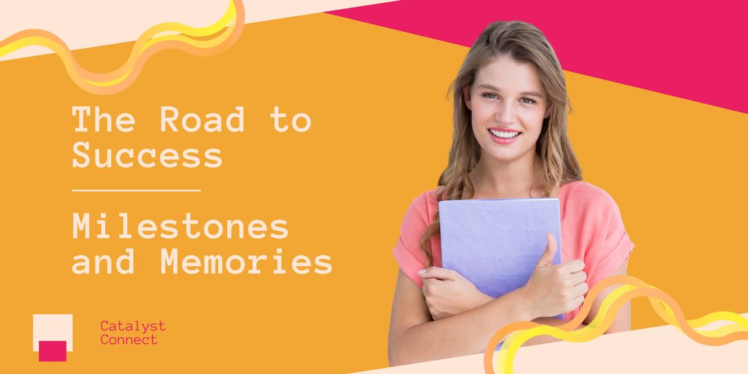 Smiling Student Celebrating Success Insights with Colorful Background