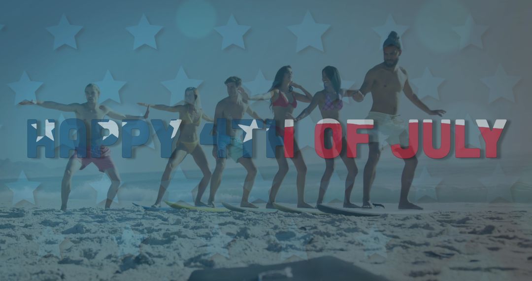 Friends Practicing Surf Boarding on the Beach 4th of July Celebration