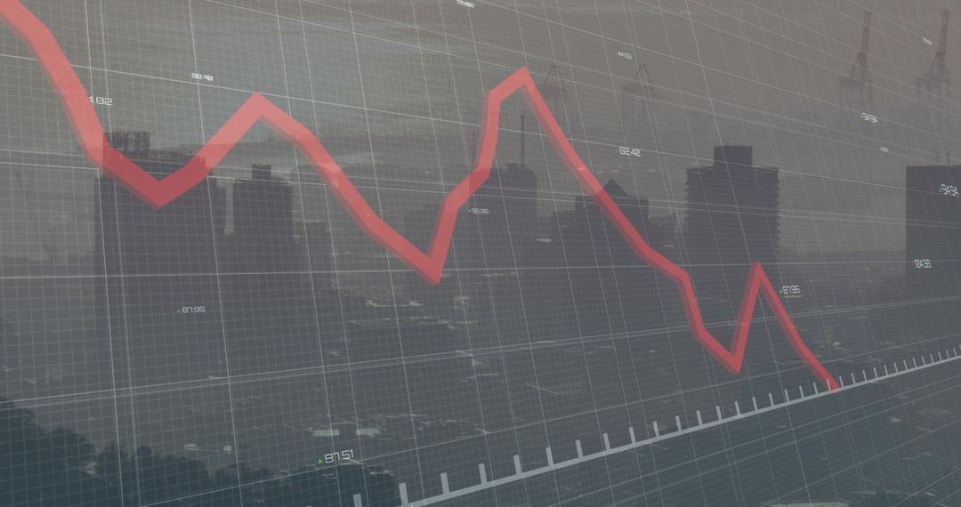 Declining Financial Graph with Urban Backdrop and Grid Overlay