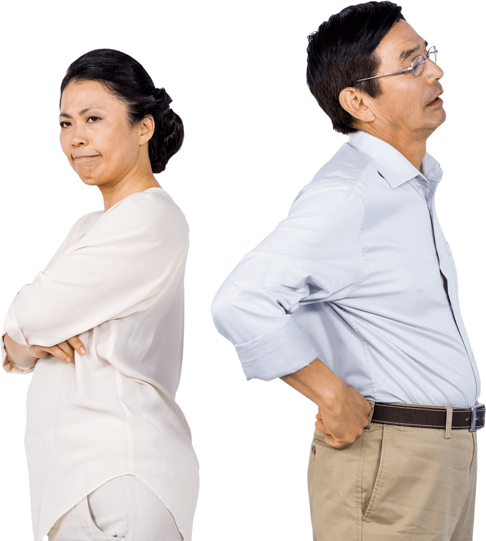 Older Asian Couple Facing Away in Transparent Background