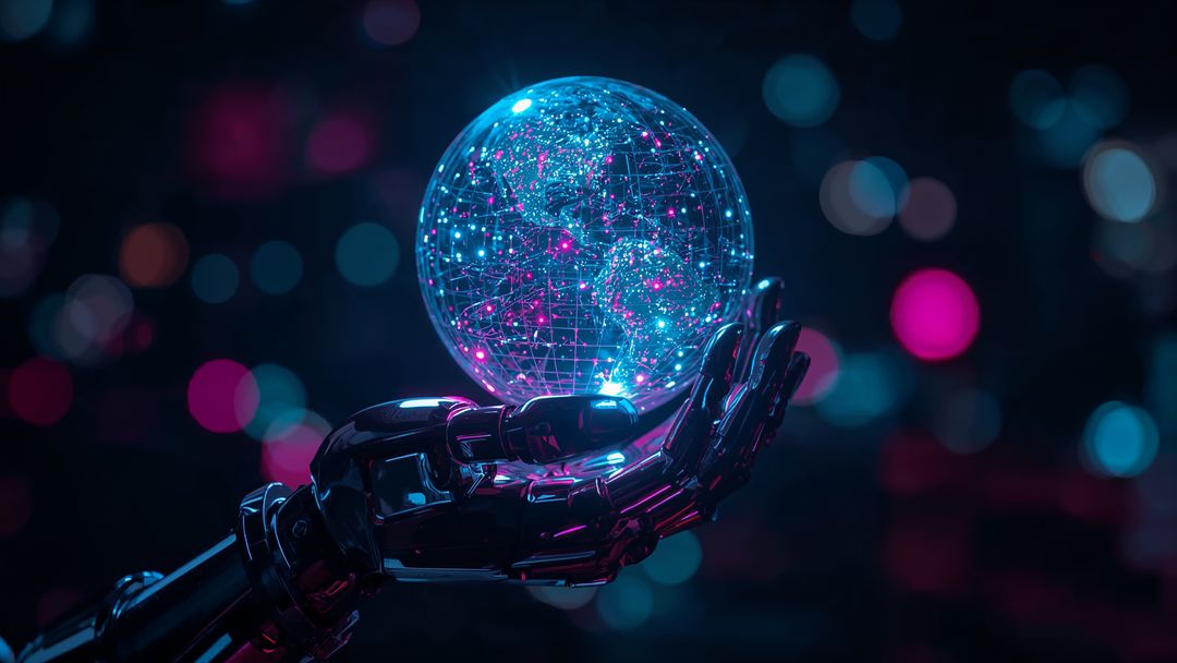 Robotic Hand Holding Holographic Digital Globe in Futuristic Lab