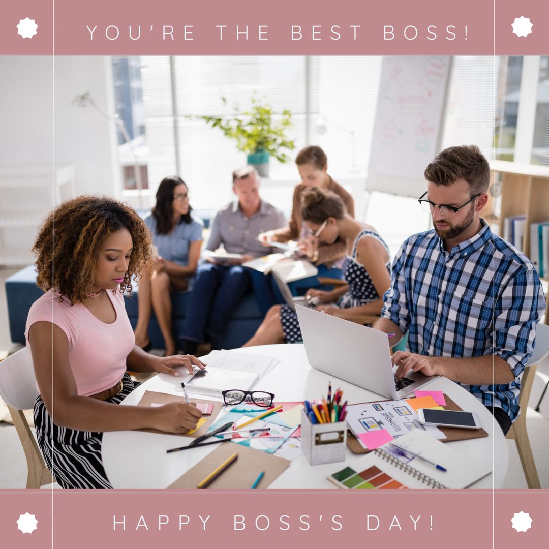 Diverse Team Celebrating Boss's Day in Modern Office