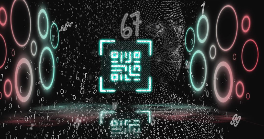 Futuristic Digital Face Recognition with Glowing QR Code