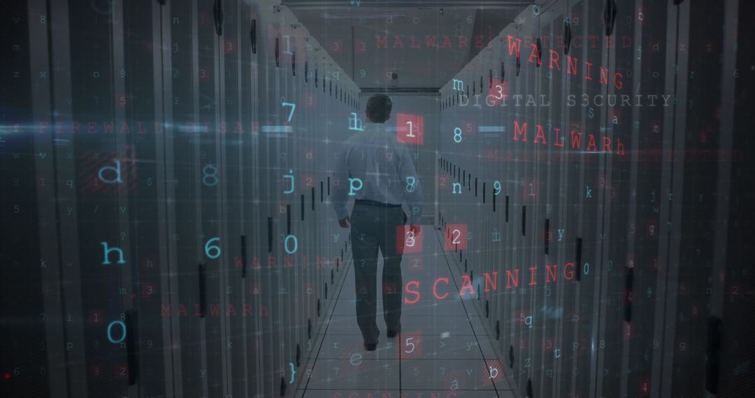 Cybersecurity Alert Concept with Hacker in Server Room Highlighting Risk