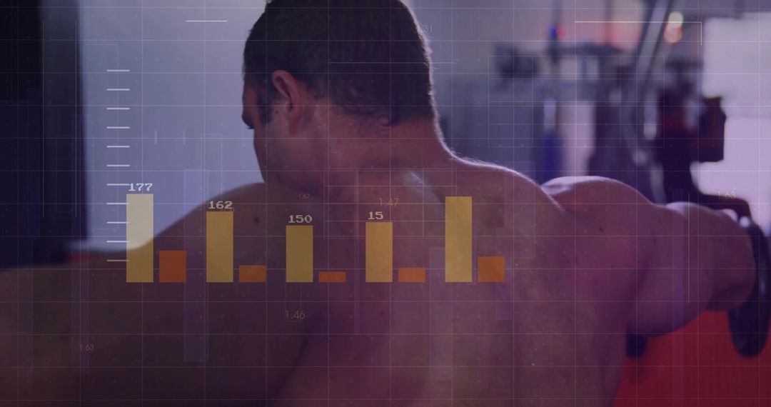 Muscular Man Performing Cable Row with Data Overlay Showing Strength Metrics and Progress