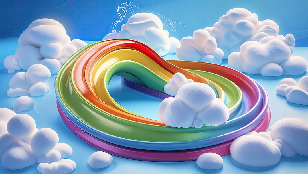 Abstract 3D Rainbow Loop with Surreal Cloud Formations