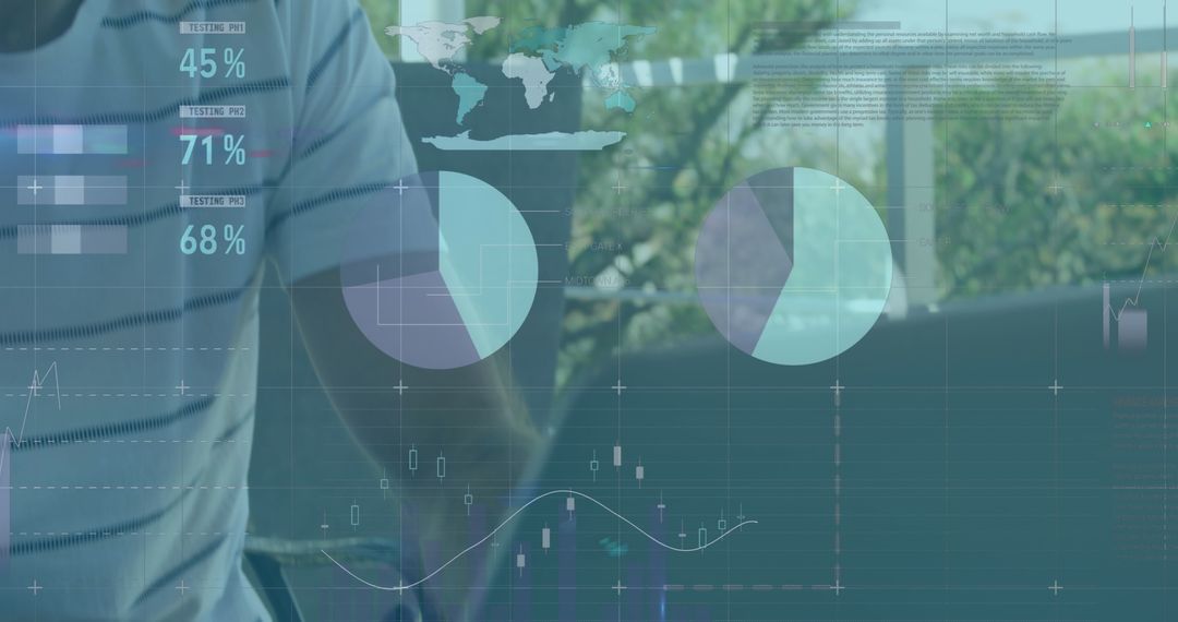 Caucasian Businessman Analyzing Data on Laptop with Digital Infographic Overlay