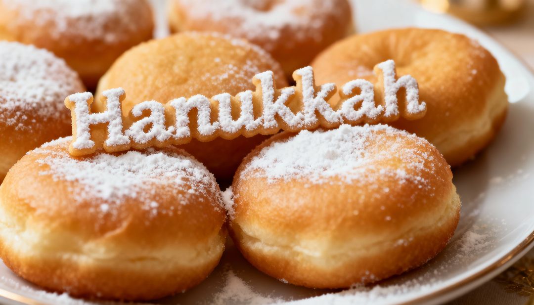 Hanukkah sufganiyot dusting powdered sugar on white plate with festive Hanukkah topper