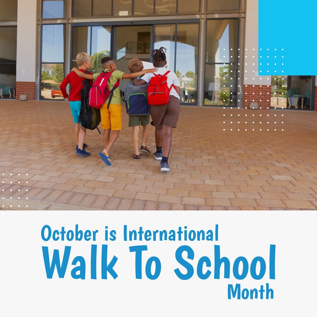 Composite of multiracial boys walking to school and october is international walk to school month - Download Free Stock Templates Pikwizard.com