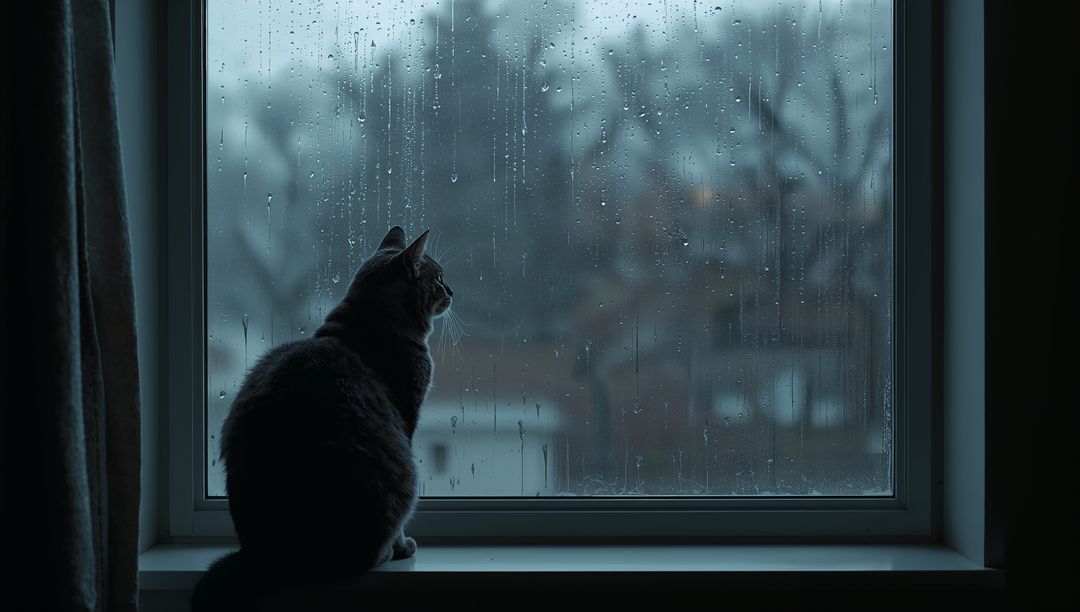Moody Cat Gazing Through Rain-Streaked Window Silhouette on Windowsill at Twilight