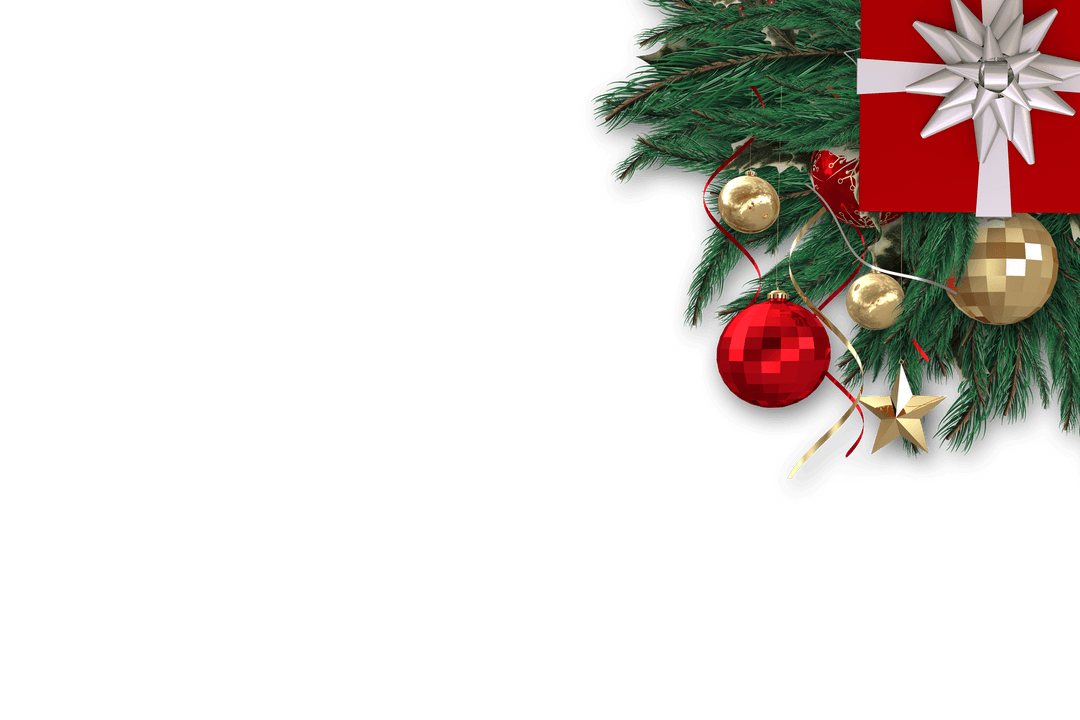 Festive Floral Wreath with Red Present and Golden Ornaments on Transparent Background