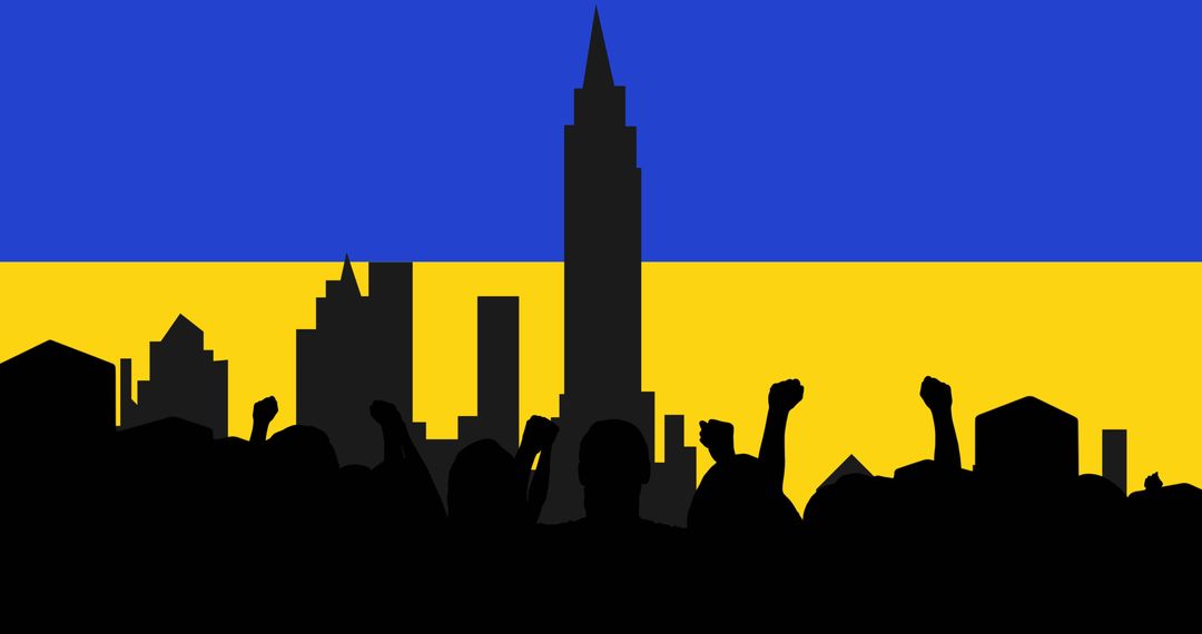 Protest Silhouettes Against Ukraine Flag and Cityscape