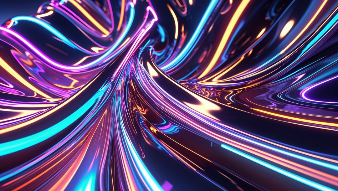 Vibrant Abstract Metallic Ribbons with Neon Lights in 3D Art
