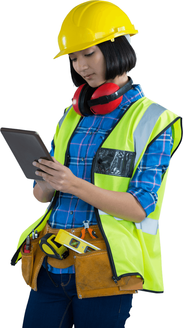 Transparent Female Architect with Hard Hat Using Digital Tablet