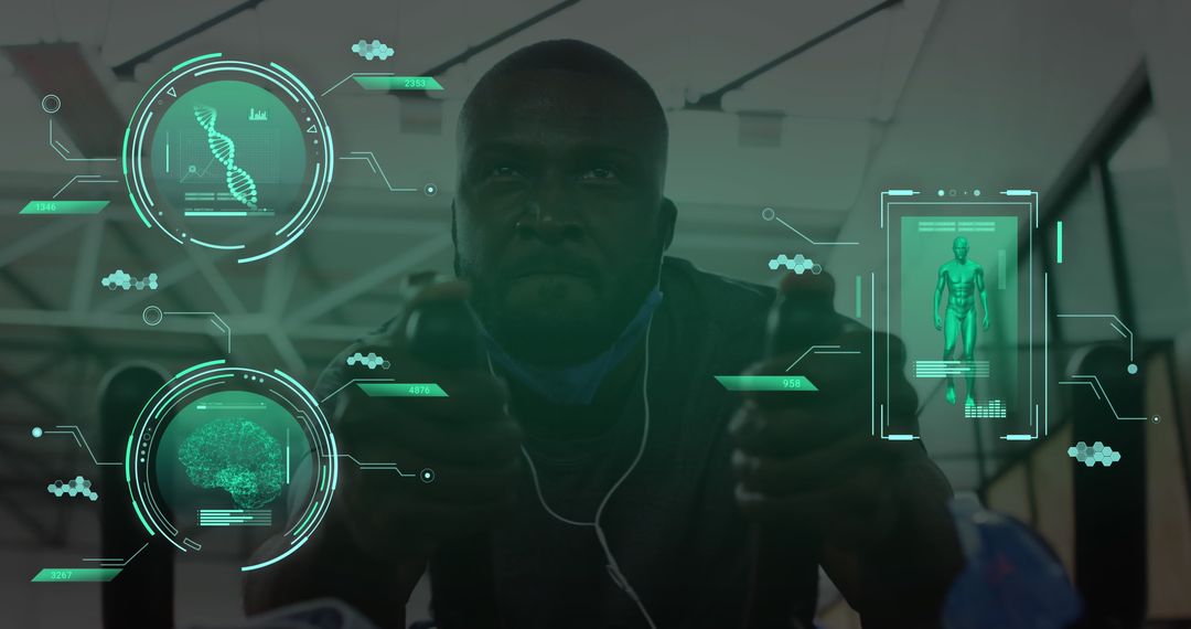 Futuristic Data Interface with Man on Stationary Bike