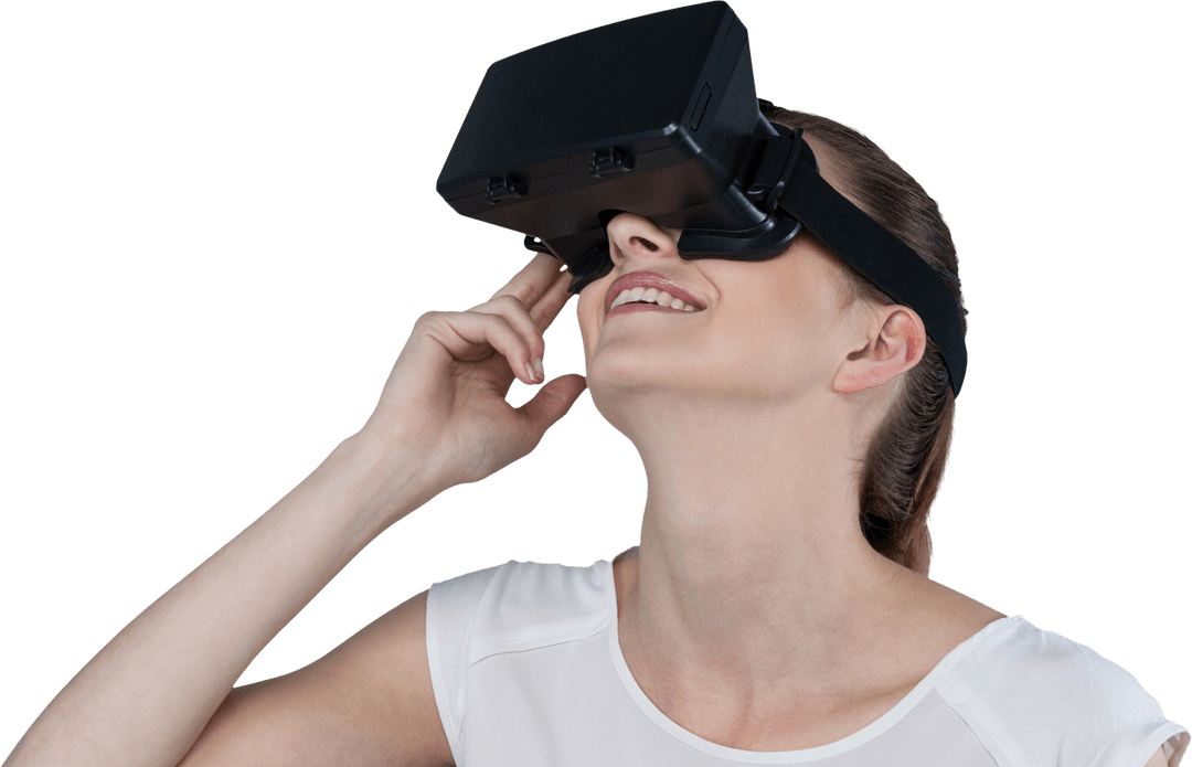 Smiling Woman Experiencing Virtual Reality in Transparent Background