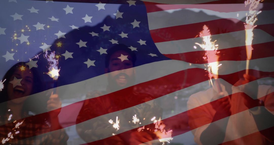 Joyous Celebration with Sparklers and American Flag Overlay
