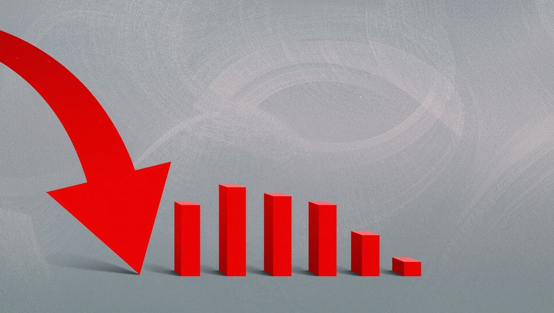 3D Red Descending Bar Chart with Arrow Over Gray Background