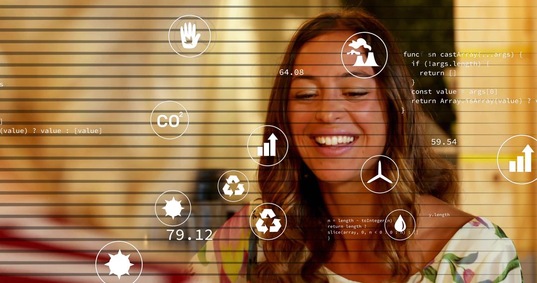 Woman Smiling with Eco-Inspired Data Interface Overlay