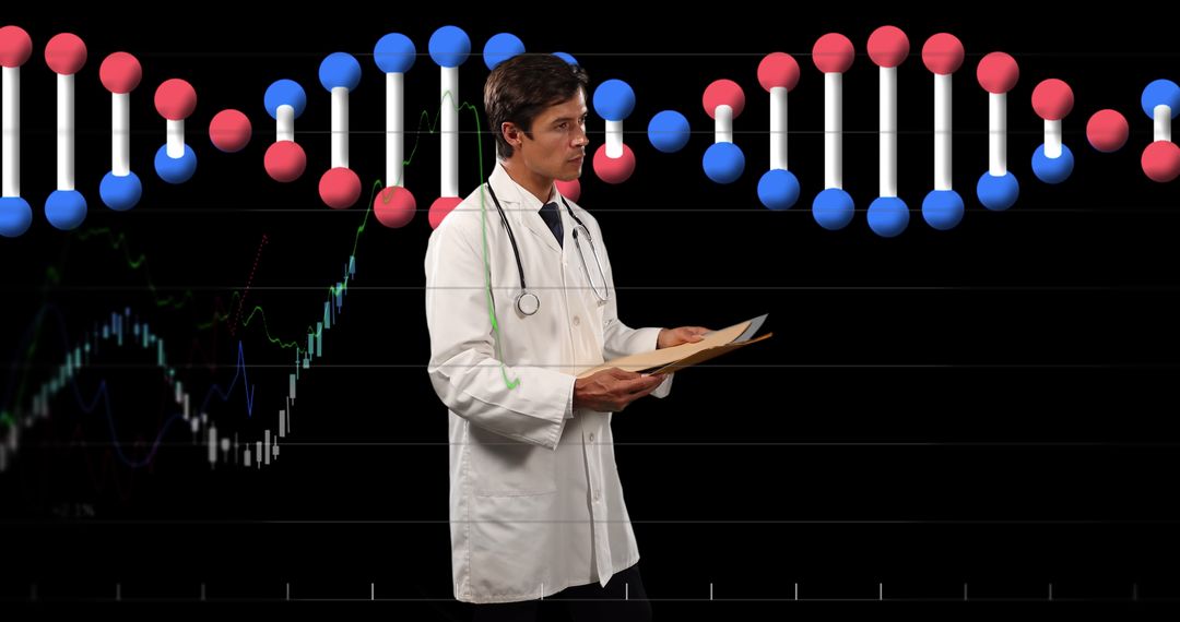 Research Scientist Analyzing Medical Data with DNA Visualization