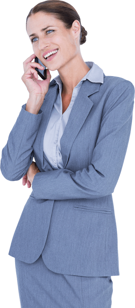 Smiling Businesswoman in Suit Talking on Transparent Phone