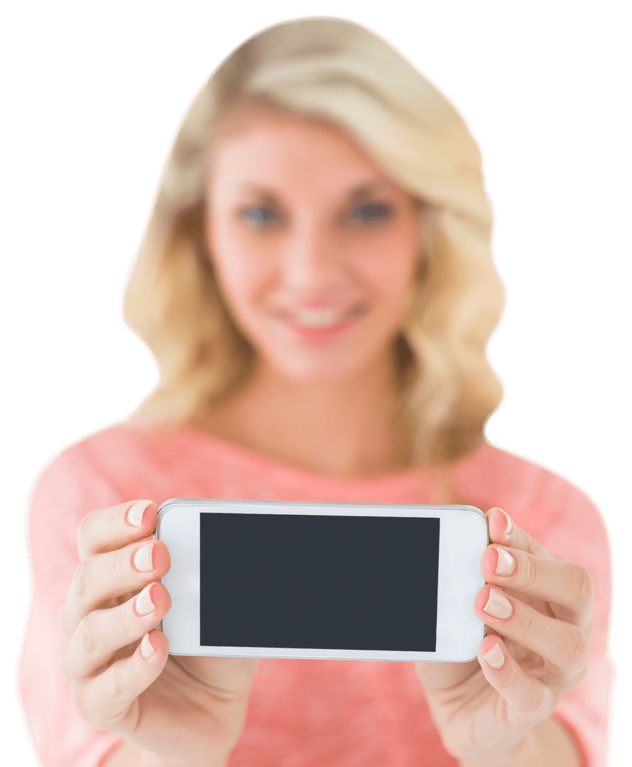 Smiling Woman Holding Smartphone on Transparent Background