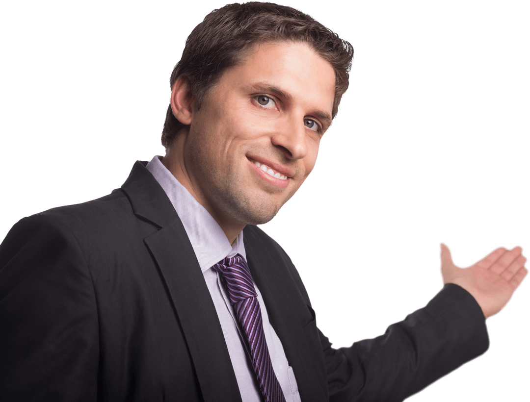 Confident Businessman Giving a Transparent Welcome Gesture