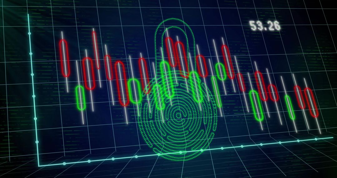 Neon Fingerprint Lock Overlaying Red and Green Candlesticks on Digital Grid