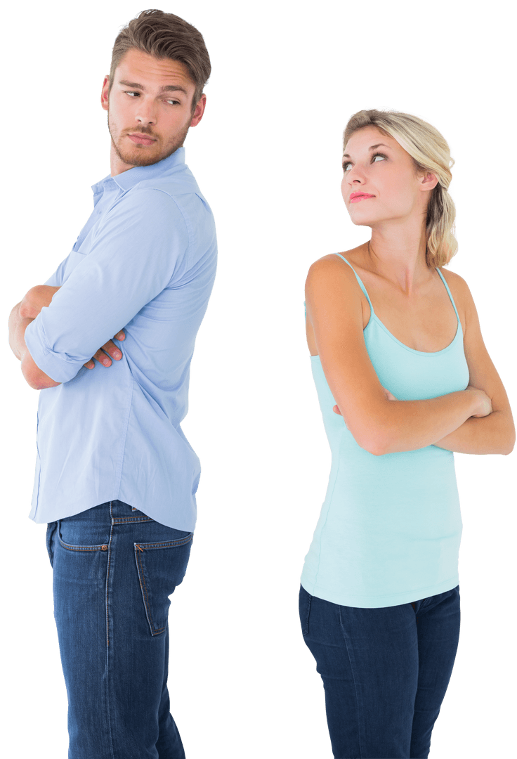 Transparent Couple Arguing with Crossed Arms