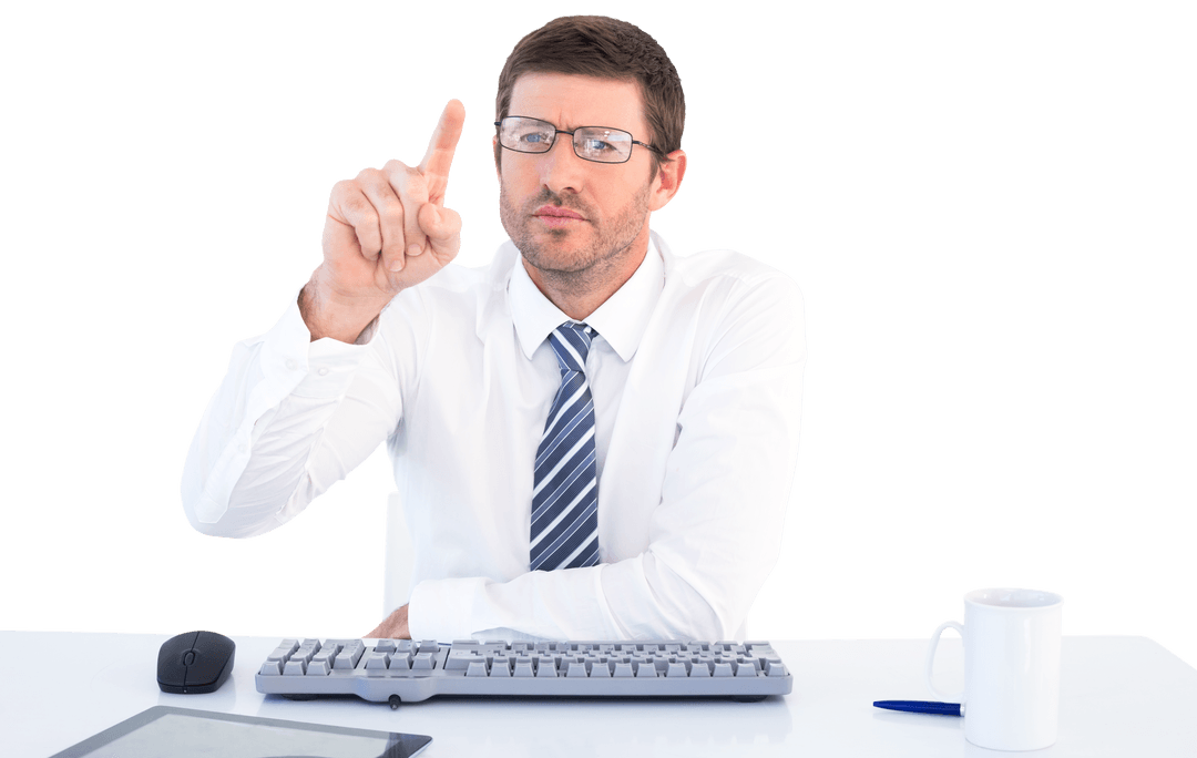 Focused businessman working with futuristic transparent interface