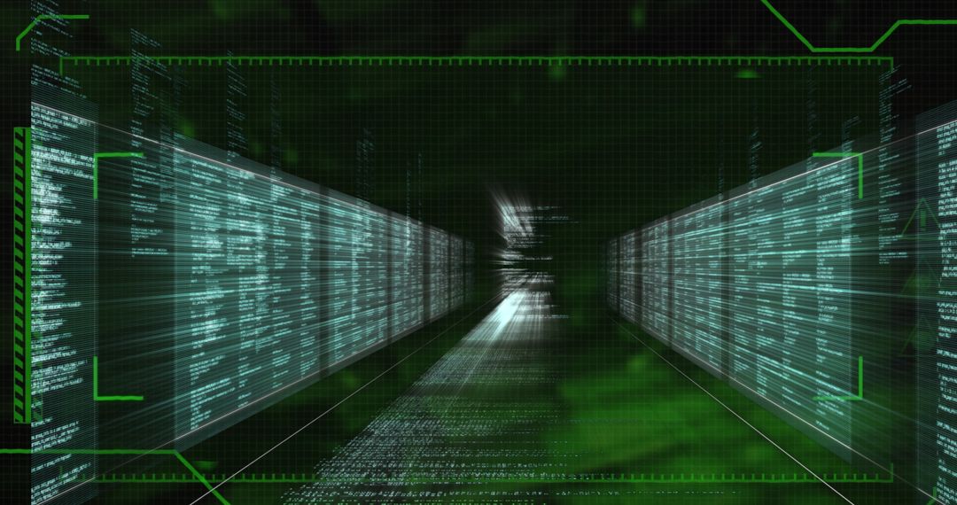 Futuristic Digital Data Stream in Virtual Green Corridor