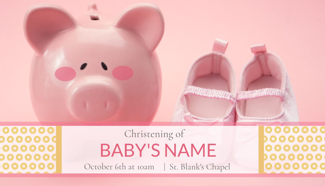 Charming Baby Christening Invitation Pink Theme with Piggy Bank and Shoes - Download Free Stock Templates Pikwizard.com