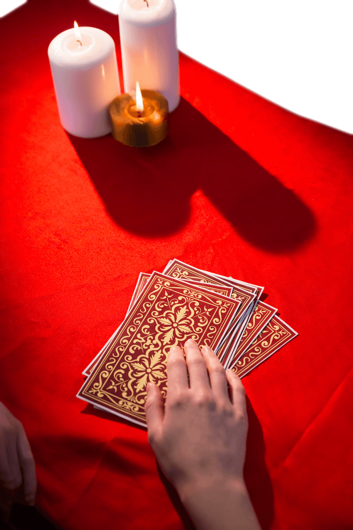 Tarot Cards and Candles on Red Transparent Background