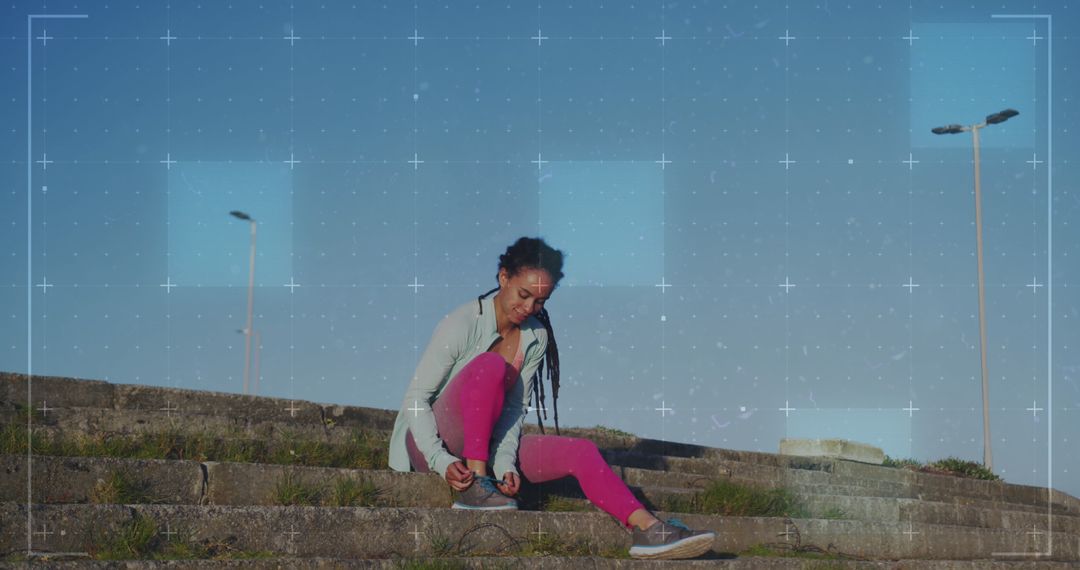 Woman Tying Shoes with Digital Statistics Overlay Outdoor Performance Concept