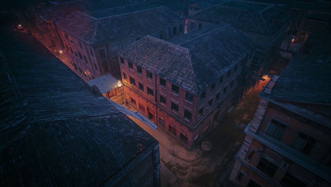 Misty Alley at Night with Historic Brick Buildings
