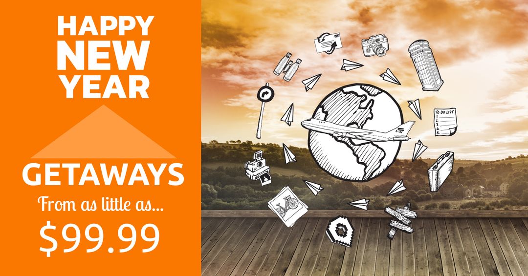 New Year Getaways Offer with Travel Essentials Imagery