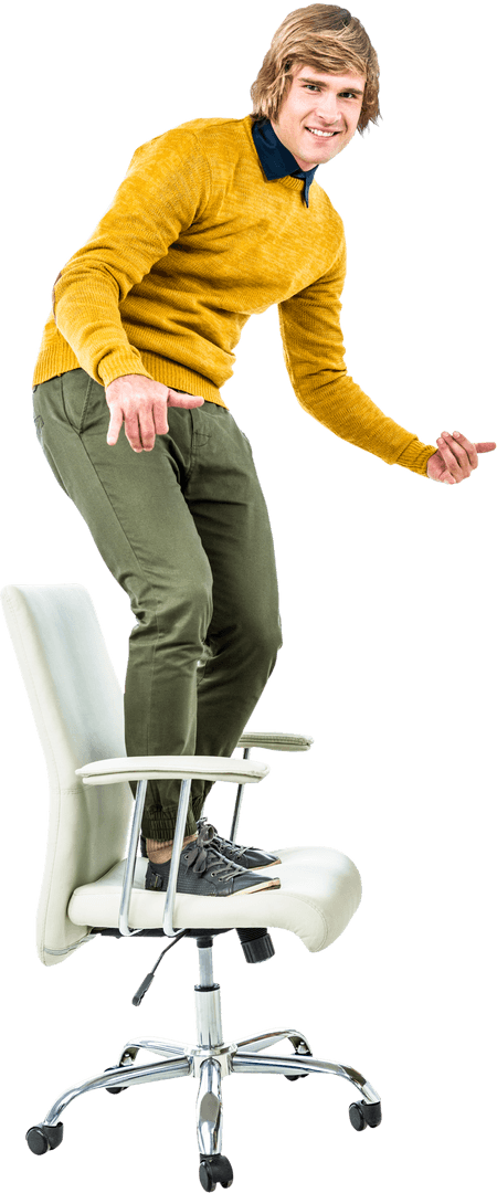 Transparent Hipster Businessman Energetically Standing on Office Chair