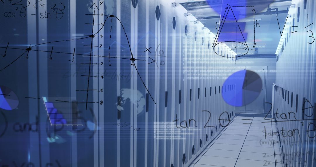 Futuristic Data Center Corridor with Dynamic Math Graphs Overlay