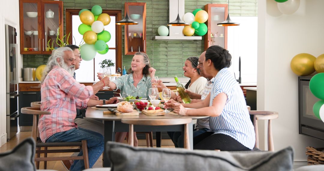 Joyful Seniors Enjoying Dinner Party in Cozy Home Setting