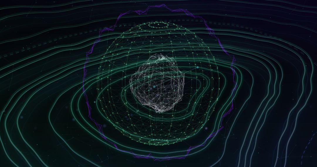 Futuristic Digital Sphere with Network Connections Over Topography