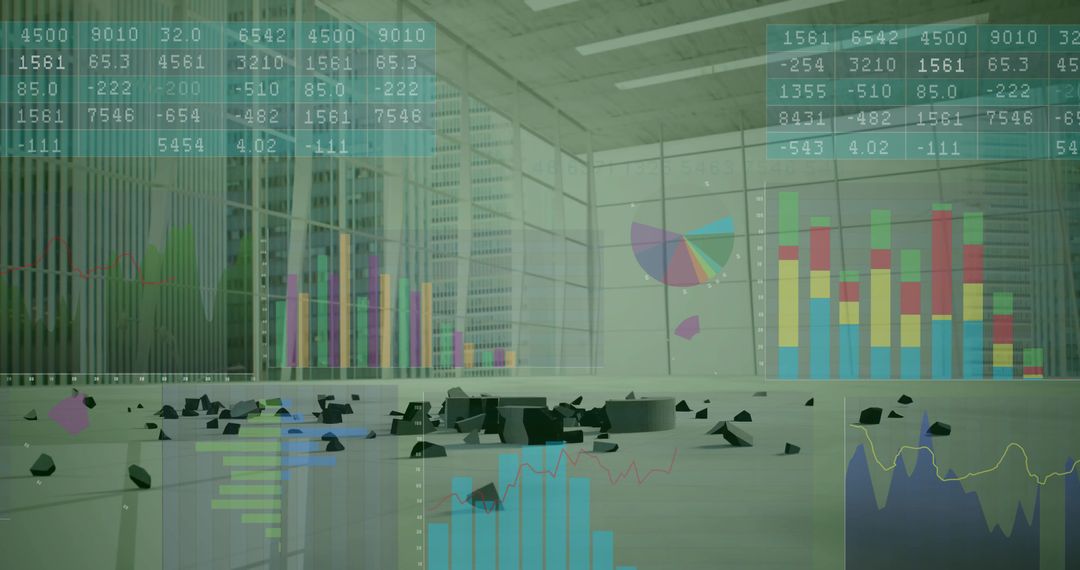 Glass atrium displaying scattered rubble on polished floor with colorful data overlays